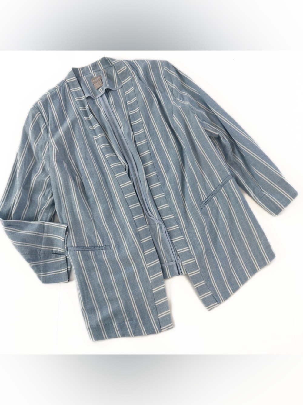 Chicos Blazer Jacket Sz 2 Womens US 12 14 Blue White Nautical Striped